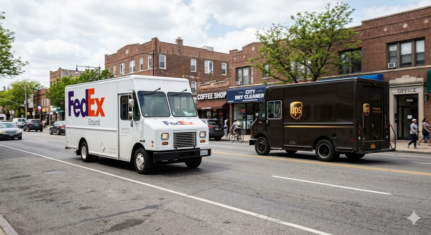 FedEx and UPS delivery trucks with fuel surcharge label rising shipping costs Iran war 2026