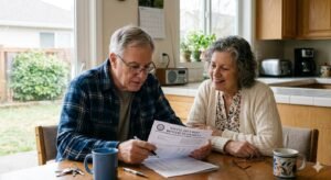 Senior American couple reviewing Social Security benefit statement at kitchen table