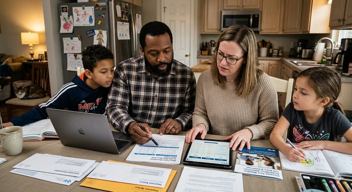 American family reviewing health insurance plan options during open enrollment comparing deductibles premiums and out-of-pocket maximums for 2026