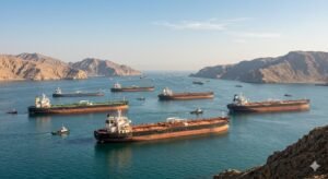 Oil tankers anchored in Gulf waters near Strait of Hormuz as Iran war disrupts global energy supply April 2026
