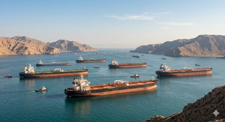 Oil tankers anchored in Gulf waters near Strait of Hormuz as Iran war disrupts global energy supply April 2026