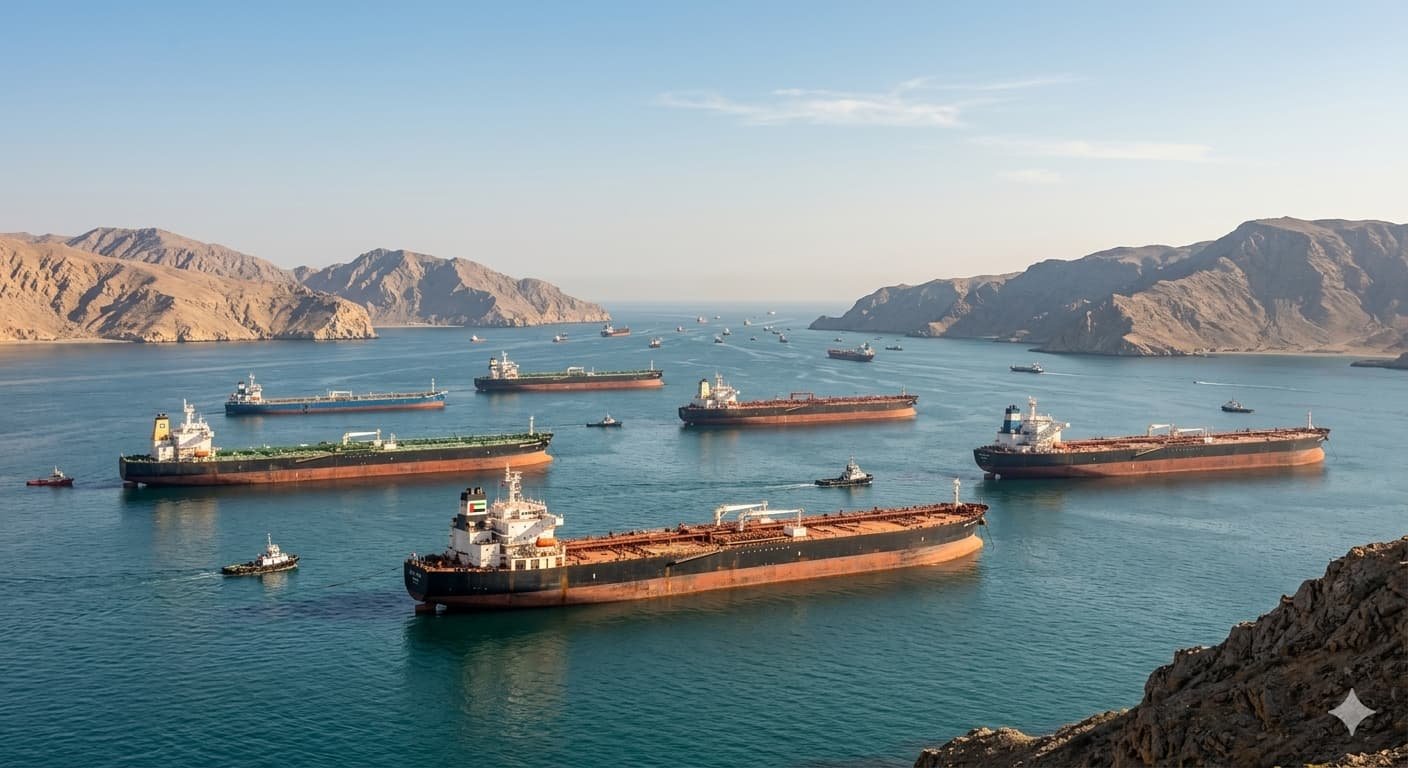 Oil tankers anchored in Gulf waters near Strait of Hormuz as Iran war disrupts global energy supply April 2026