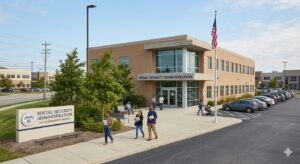 Social Security Administration office exterior as agency projects 2027 COLA of 2.8 percent while Medicare premiums forecast to rise another 6.4 percent eating into retiree income