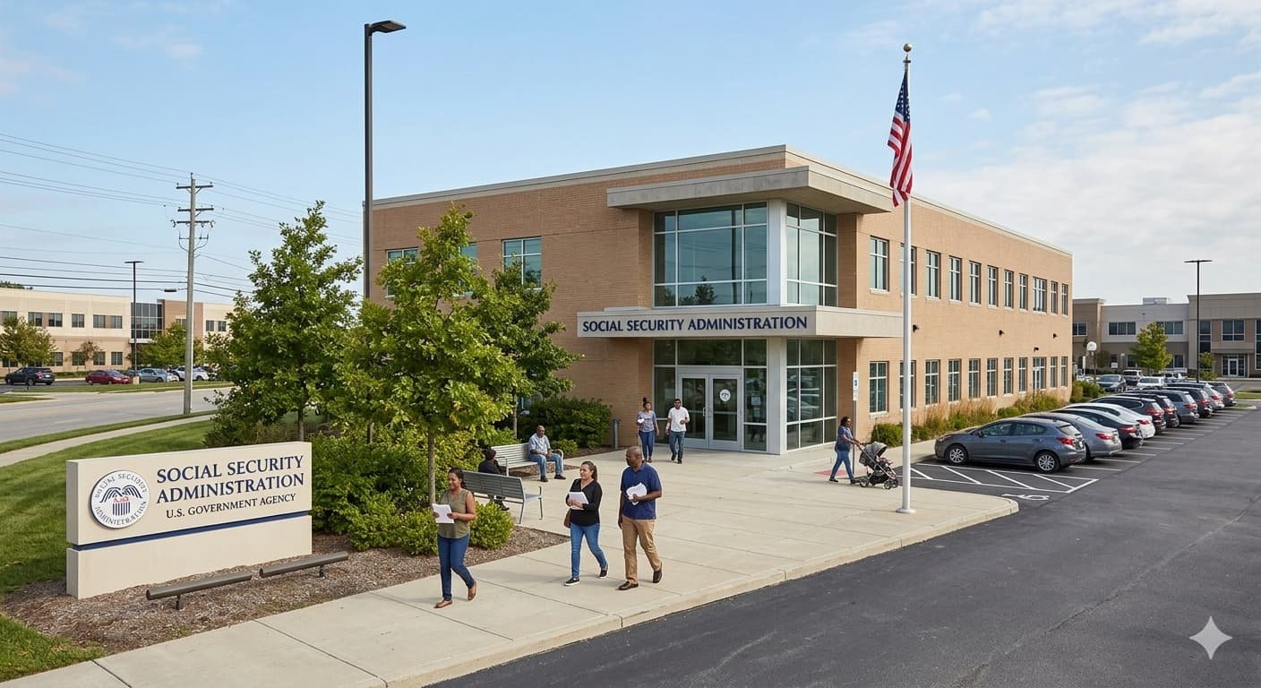 Social Security Administration office exterior as agency projects 2027 COLA of 2.8 percent while Medicare premiums forecast to rise another 6.4 percent eating into retiree income