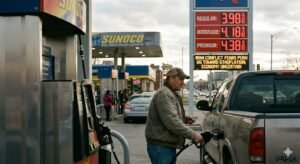 American consumer at gas station paying $3.98 per gallon as Iran war pushes US economy toward stagflation with Goldman Sachs raising recession odds to 30 percent April 2026