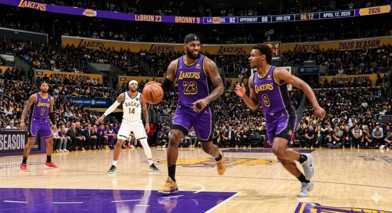 LeBron James and Bronny James on court together for Los Angeles Lakers in 2026 NBA Playoffs Game 1 versus Houston Rockets