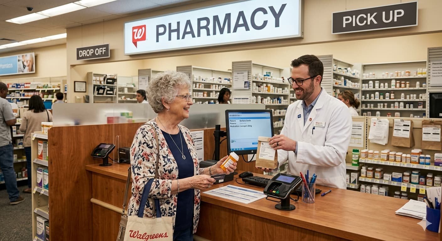 Senior American woman at pharmacy counter saving money on Medicare negotiated prescription drug prices 2026