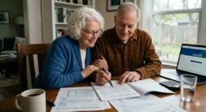 Older couple reviewing tax documents showing new $6000 senior deduction reducing Social Security income taxes 2026