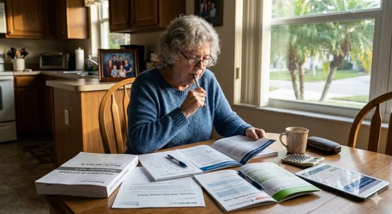 Senior American reviewing Medicare 2026 plan documents showing new Part B premium of $202.90 and drug price changes