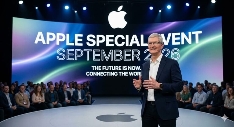 Tim Cook smiling at Apple event as CEO announcing transition to executive chairman with John Ternus taking over September 2026