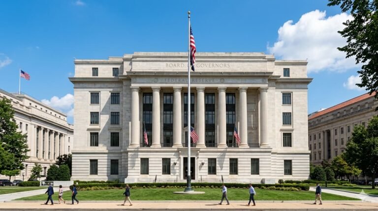 Federal Reserve building in Washington with interest rate chart showing rates frozen at 3.75 percent amid Iran war inflation 2026