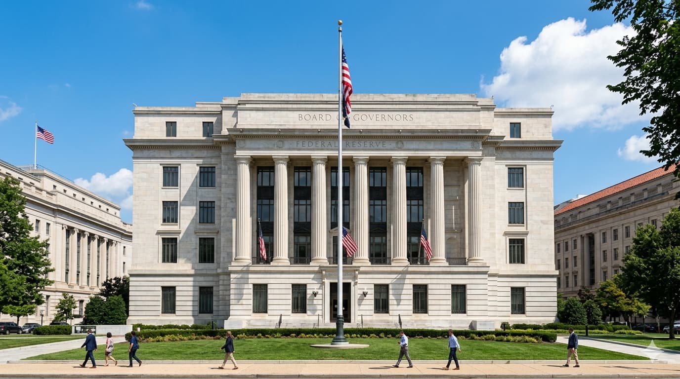Federal Reserve building in Washington with interest rate chart showing rates frozen at 3.75 percent amid Iran war inflation 2026