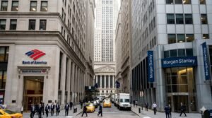 Morgan Stanley and Bank of America logos on Wall Street amid record Q1 2026 earnings results