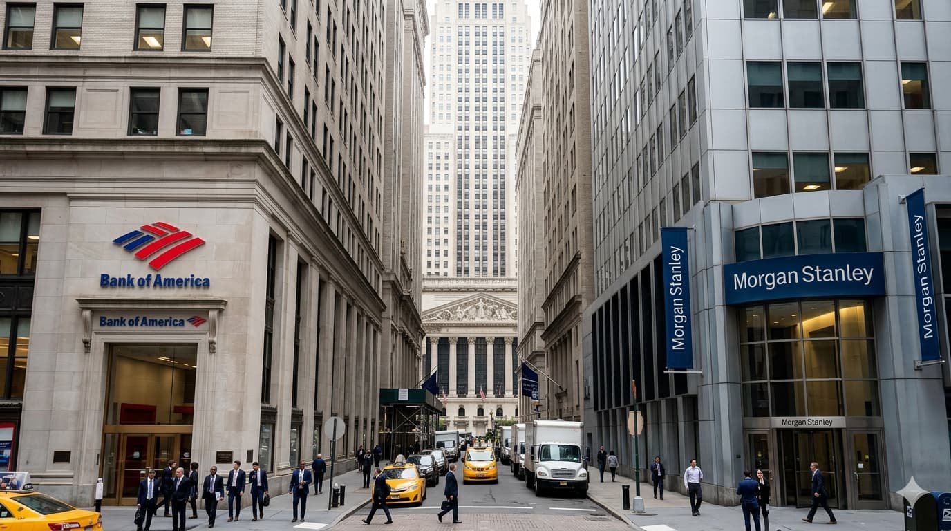Morgan Stanley and Bank of America logos on Wall Street amid record Q1 2026 earnings results