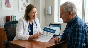 Doctor reviewing new 2026 cholesterol guidelines with patient showing LDL target levels for heart disease prevention