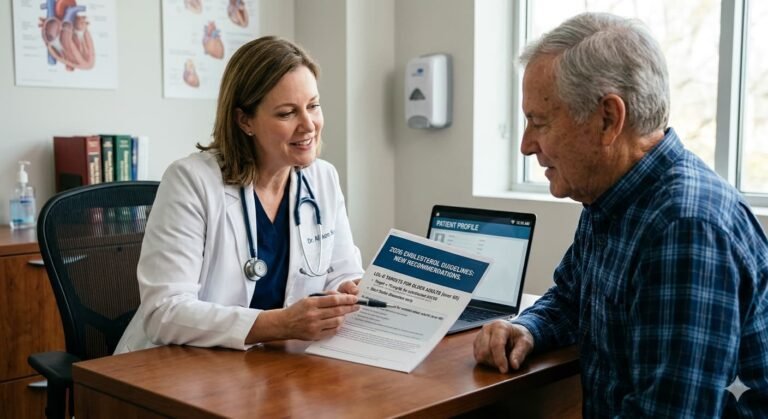 Doctor reviewing new 2026 cholesterol guidelines with patient showing LDL target levels for heart disease prevention
