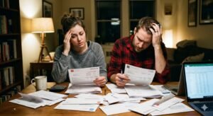 Stressed American couple reviewing credit card bills amid record $1.28 trillion US credit card debt crisis 2026