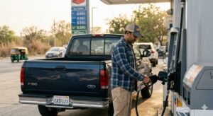 American driver at gas station as prices begin to fall after US Iran ceasefire causes oil to drop 15 percent to $94 barrel April 8 2026