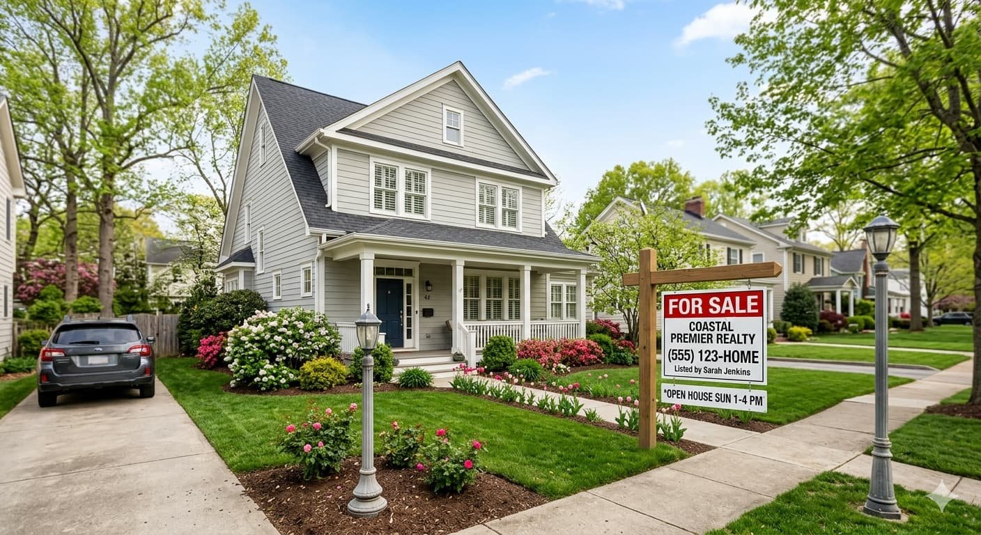 For sale sign in front of suburban American home amid 6 percent mortgage rate environment April 2026