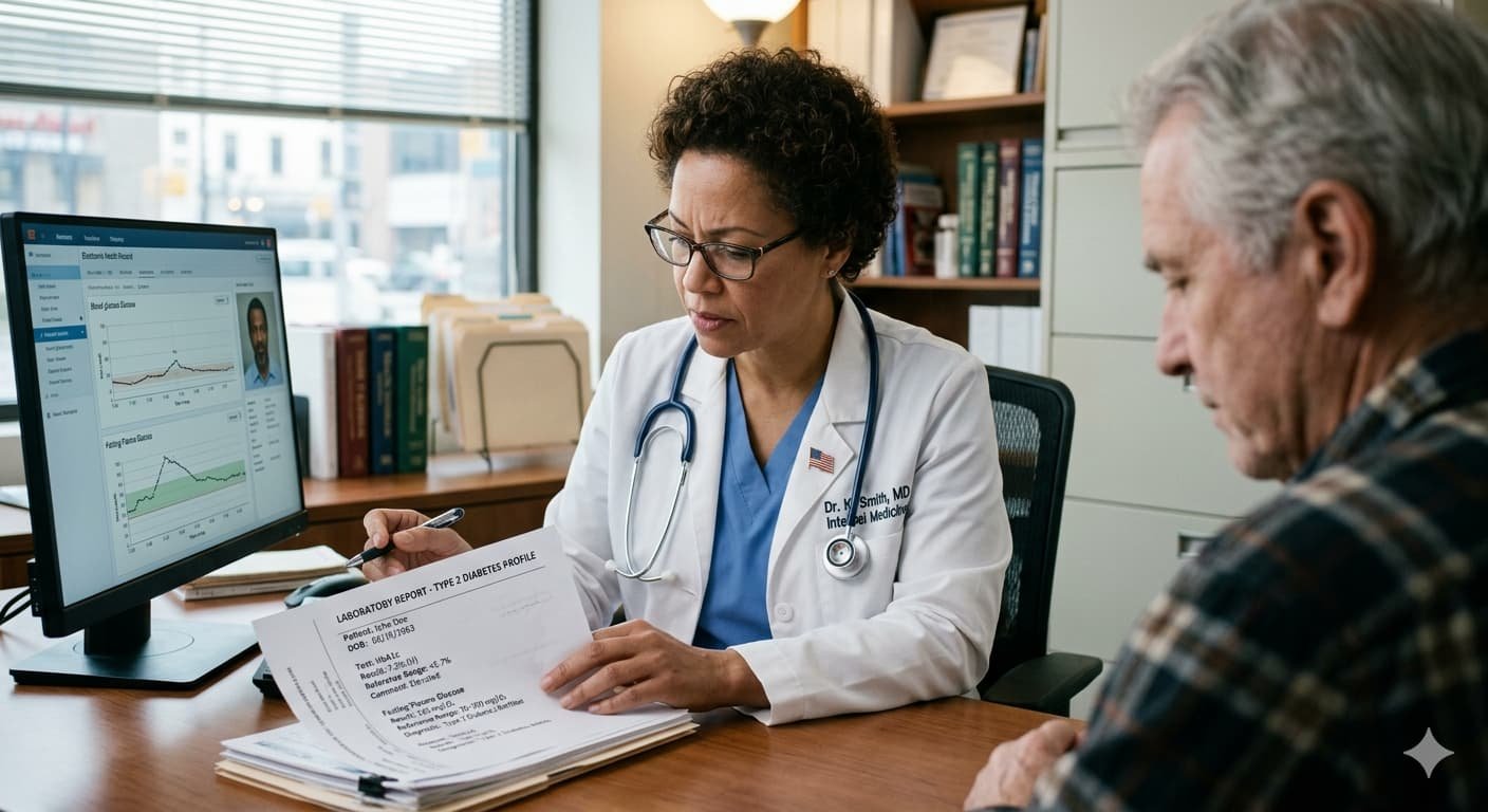 American doctor reviewing Type 2 diabetes blood test results and new 2026 treatment guidelines with patient