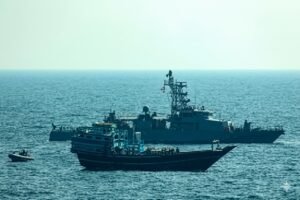 US Navy warship patrolling Gulf of Oman near Iranian waters after blockade order from President Trump April 2026