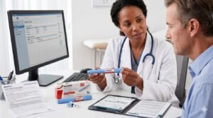 Doctor reviewing GLP-1 semaglutide Ozempic prescription with patient showing side effect risks including gastroparesis and bone loss 2026