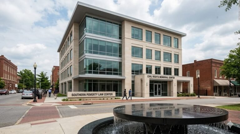 Southern Poverty Law Center headquarters in Montgomery Alabama after DOJ announces 11-count federal fraud indictment April 21 2026
