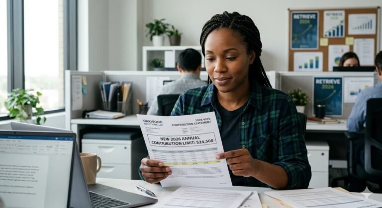 Worker reviewing 401k contribution statement showing new $24,500 limit and catch-up options as IRS raises retirement savings caps for 2026