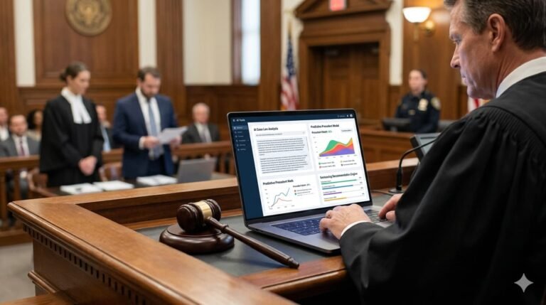 Federal courtroom with gavel and laptop representing AI tools being used by federal judges in 2026 legal proceedings