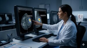 AI mammogram system analyzing breast cancer scan alongside radiologist in clinical setting from landmark 175000 woman NHS study 2026