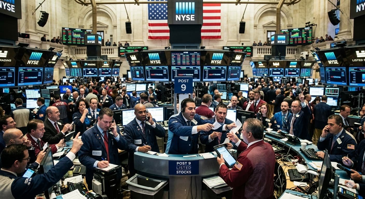 New York Stock Exchange trading floor as S&P 500 hits fresh all-time intraday high ahead of Microsoft Amazon Apple Alphabet Meta earnings week April 27 2026