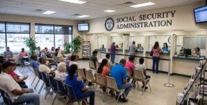 Social Security Administration office where SSDI applicants file disability claims showing average monthly benefit of $1537 in 2026