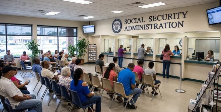 Social Security Administration office where SSDI applicants file disability claims showing average monthly benefit of $1537 in 2026