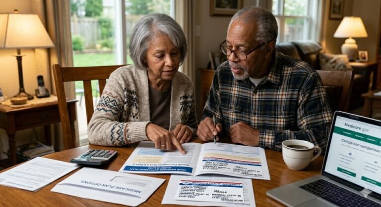 Senior American couple reviewing Medicare plan options comparing Parts A B C D coverage costs at kitchen table in 2026