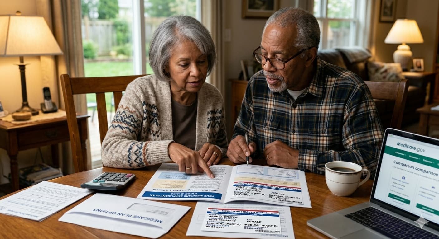 Senior American couple reviewing Medicare plan options comparing Parts A B C D coverage costs at kitchen table in 2026