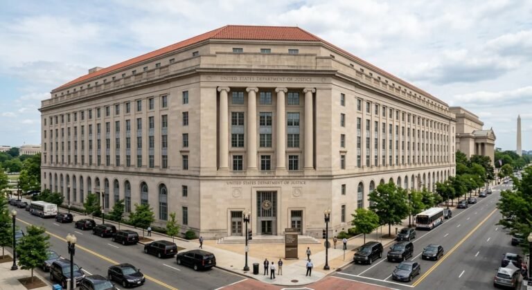 US Department of Justice headquarters in Washington DC as inspector general launches audit of Epstein files release compliance April 2026
