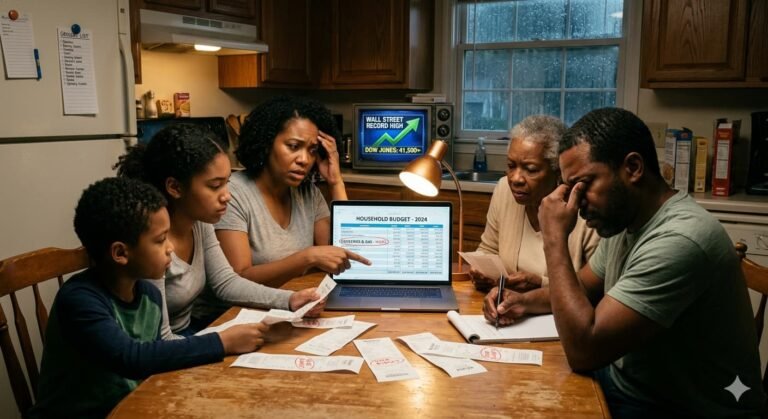 American family reviewing household budget with high grocery and gas costs amid Wall Street record high April 2026