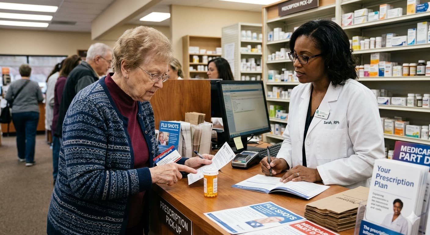 Medicare beneficiary at pharmacy counter reviewing prescription drug costs as 10 negotiated drug prices take effect January 2026 saving 9 million enrollees up to 79 percent