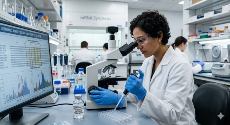 Researcher at lab analyzing personalized mRNA cancer vaccine showing 87 percent six year survival rate in pancreatic cancer patients at AACR 2026