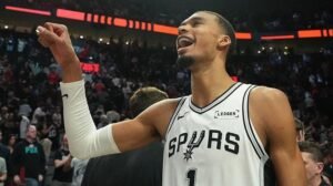 Victor Wembanyama celebrating San Antonio Spurs first playoff series win since 2017 after defeating Portland Trail Blazers in five games April 28 2026