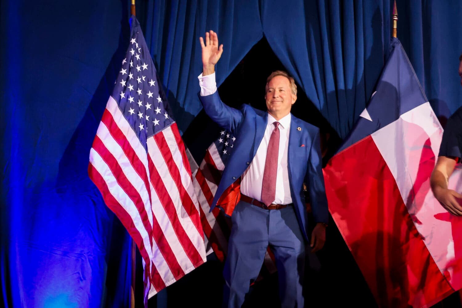 Ken Paxton celebrating his 63.8% runoff victory over Senator John Cornyn at watch party in Plano Texas delivering victory speech after biggest GOP primary upset of 2026