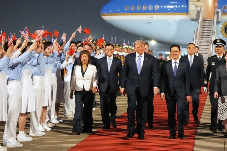 President Trump boarding Air Force One departing for Beijing as he prepares for May 14-15 summit with President Xi Jinping where China enters negotiations from position of confidence after rare earth leverage success 2026