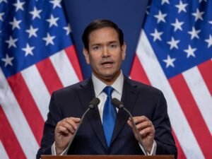 Secretary of State Marco Rubio at State Department podium as first direct US-Iran diplomatic call in two years produces preliminary Strait of Hormuz deal framework May 4 2026