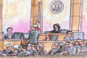Courtroom sketch of Elon Musk on witness stand at federal courthouse in Oakland California during first week of Musk v Altman trial over OpenAI nonprofit conversion May 2026
