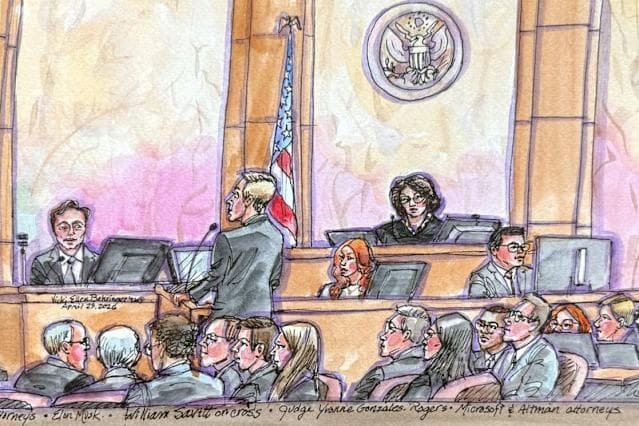 Courtroom sketch of Elon Musk on witness stand at federal courthouse in Oakland California during first week of Musk v Altman trial over OpenAI nonprofit conversion May 2026