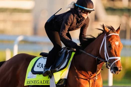 Renegade the 4-1 morning line favorite training at Churchill Downs ahead of the 152nd Kentucky Derby on May 2 2026 in Louisville Kentucky