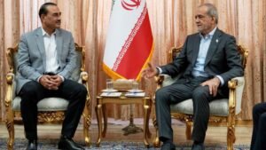 Pakistani Field Marshal Asim Munir meeting with Iranian President Masoud Pezeshkian in Tehran representing mediation that produced US-Iran 60-day ceasefire framework agreement May 2026
