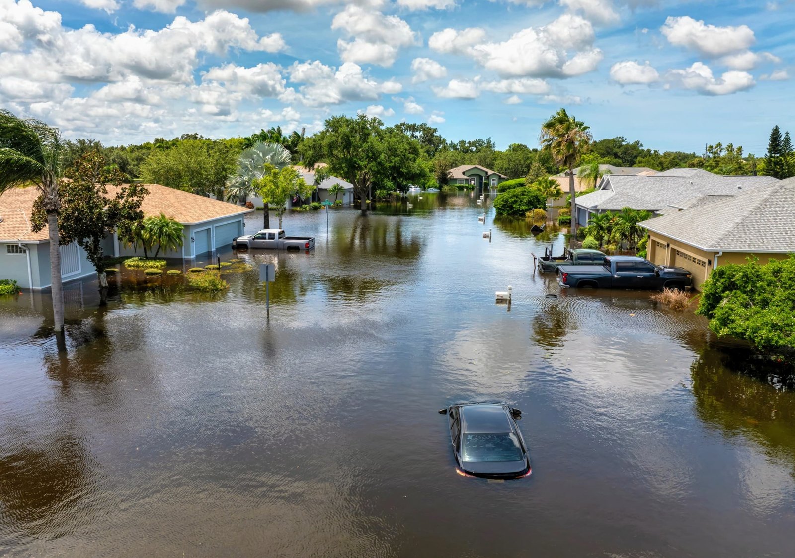 Flooded neighborhood along Gulf Coast representing increased storm and flood risk forecast for southern US under 2026 Super El Niño