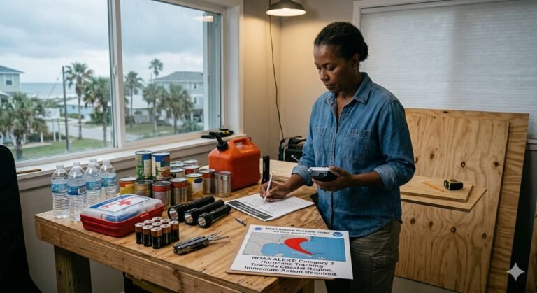 Coastal homeowner reviewing hurricane preparedness supplies representing NOAA warning that below-normal season forecast does not mean a safe season for Gulf and Atlantic coastal communities