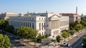Federal Reserve building Washington DC representing rate cut freeze caused by Iran war inflation preventing mortgage and credit card relief for American households in 2026